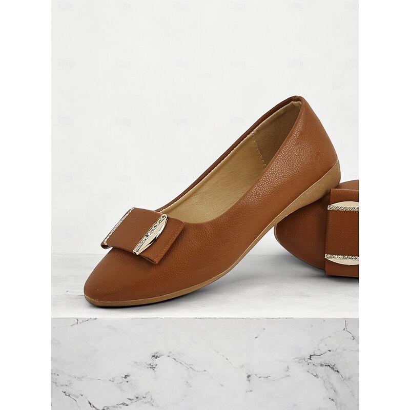 Women's Brown Faux Leather Pointed-Toe Flats with Bow and Rhinestone Detailing - Casual and Office Wear Shoes4