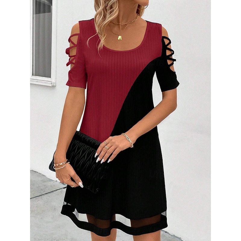 Women's Mini Dress Knit Dress Casual Dress Stylish Casual Vacation Daily Regular Fit Color Block Half Sleeve U Neck White Red Spring Fall4