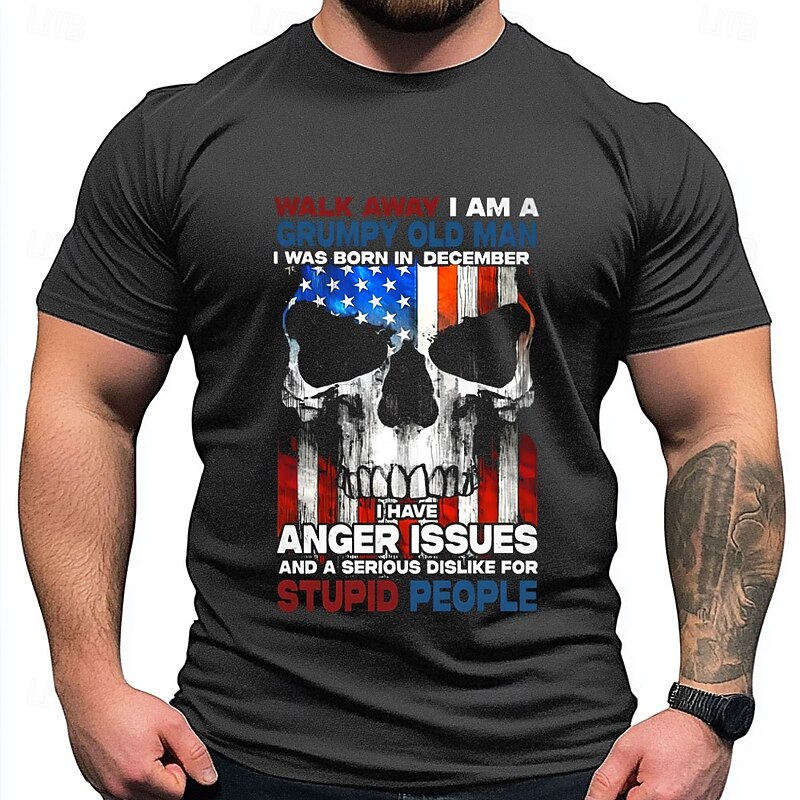 Men's American US Flag Birthday December T Shirt Tee Top 100% Cotton Short Sleeve Graphic Shirt Black Dark Grey Comfortable Tee Vacation Street Fashion Designer Clothing