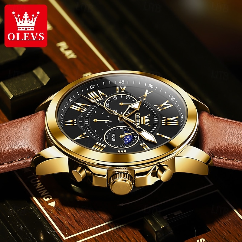OLEVS Men Quartz Watch Outdoor Sports Fashion Wristwatch Moon phase Luminous Waterproof Decoration Leather Watch2