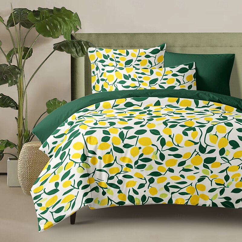 Lemon Vintage Duvet Cover Set 3 Pieces, Botanical Patterns, Soft Microfiber Bedding Set Machine Washable, Available in Queen, King, and Twin Sizes, Comfortable & Stylish4