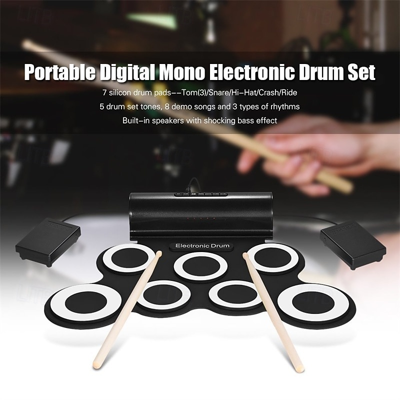 Portable Electronic Drum Kit Mini USB Interface Kids Silicon Foldable Electronic Roll up Digital Drum Pad Kit with Drum Stick Foot Switch Pedal2