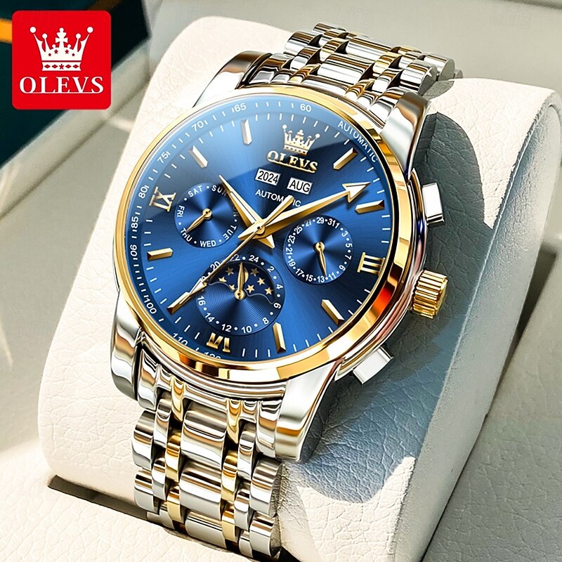 OLEVS Men Mechanical Watch Fashion Casual Business Wristwatch Automatic Self-winding Moon phase Luminous Calendar Steel Watch