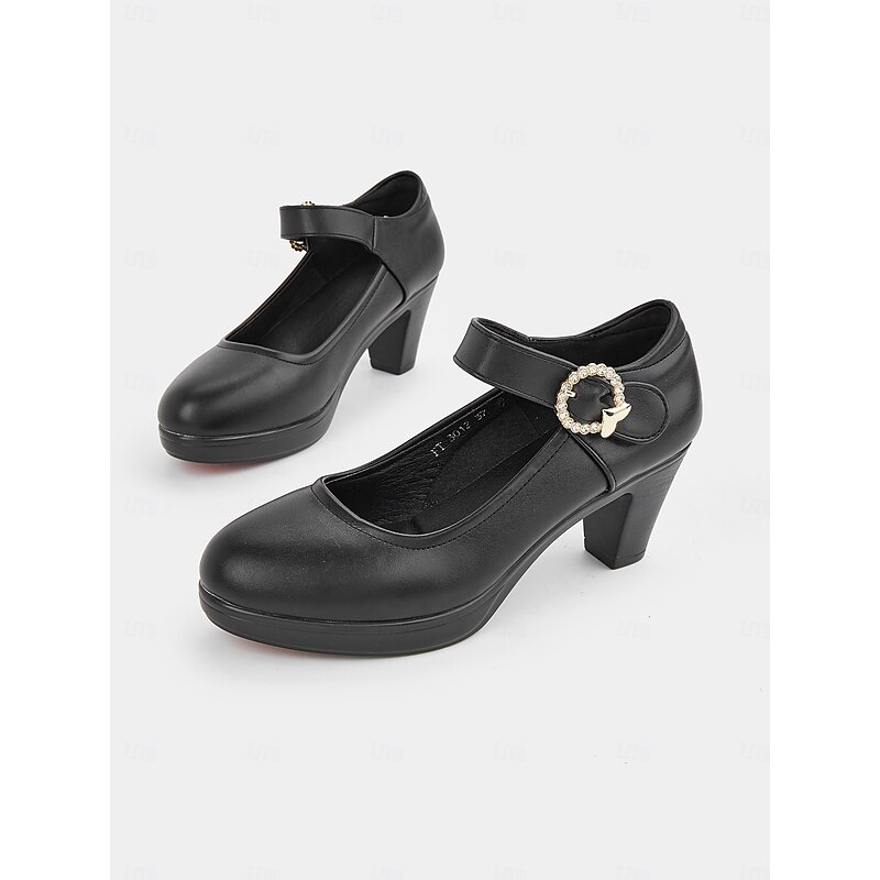 Women's Black Mary Jane Pumps with Rhinestone Buckle and Chunky Heel, Classic Style Comfortable Shoes for Office, Parties, and Daily Wear3