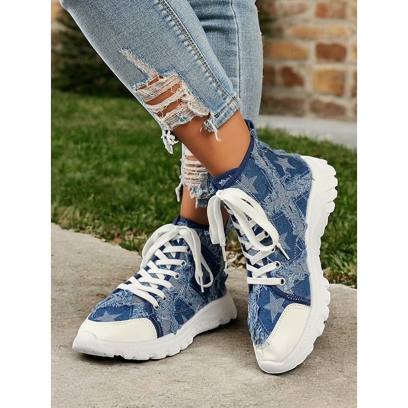 Women's Casual Blue Distressed Denim High-Tops Sneakers  - Perfect for Everyday Wear4