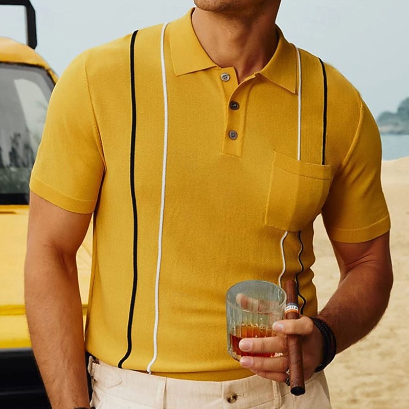 Men's Button Up Polos Golf Shirt Casual Sports Lapel Short Sleeve Fashion Basic Color Block Patchwork Buttons Summer Black Yellow Green Button Up Polos2