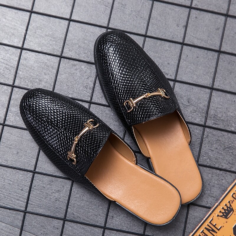 Men's Brown Snake Pattern Loafers – Slip-On Faux Leather Mules with Metal Buckle for Casual and Formal Wear3