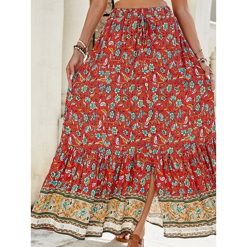Women's Skirt A Line Swing Bohemia Fashion Casual Maxi High Waist Skirts Floral Print Micro-elastic Street Daily Red Navy Blue Green Summer Polyester3