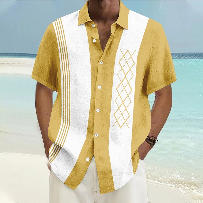 Men's Geometric Casual Shirt Bowling Shirt Button Up Shirt Short Sleeve Casual Vacation Casual Summer Spring Turndown Button Up Light Blue Yellow Green Dark Blue Gray3