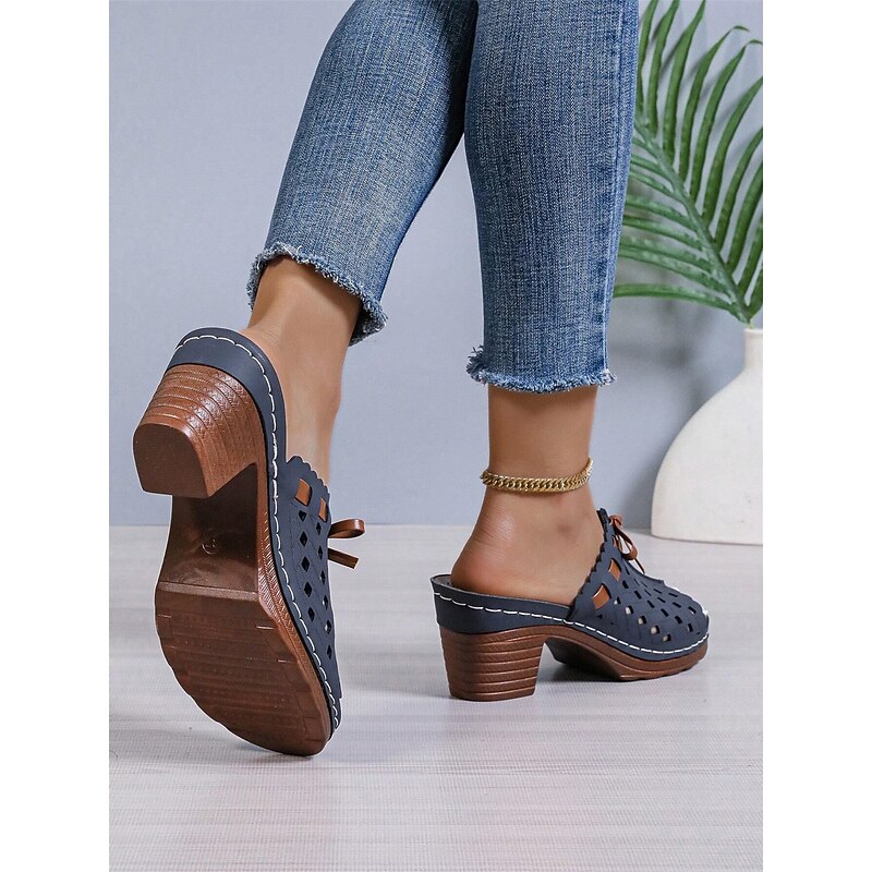 Women's Comfortable Blue Perforated Faux Leather Block Heel Sandals with Bowknot - Perfect for Summer4