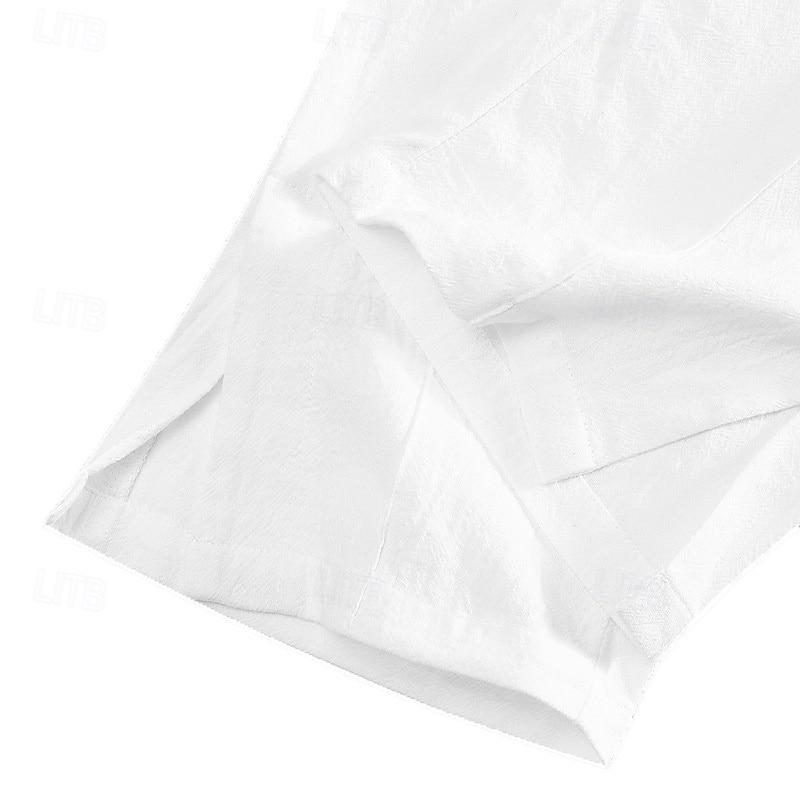 Men's Linen Pants Trousers Summer Pants Beach Pants Elastic Waist Side Button Straight Leg Plain Comfort Breathable Full Length Daily Holiday Beach Fashion Classic Style Black White3