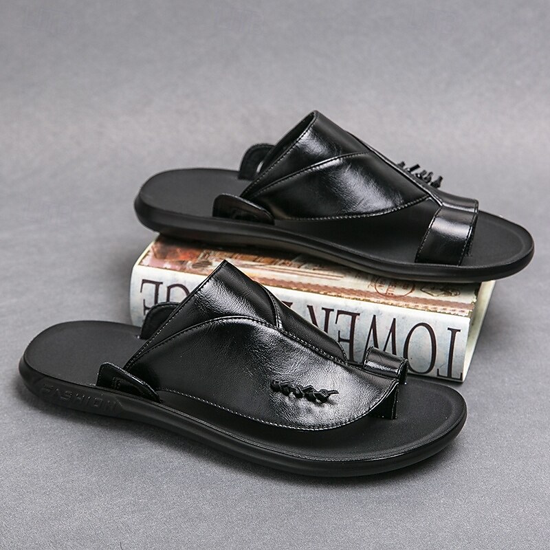 Men's Black Faux Leather Slide Slippers with Stylish Accent Detail – Comfortable Casual Footwear for Everyday Wear4
