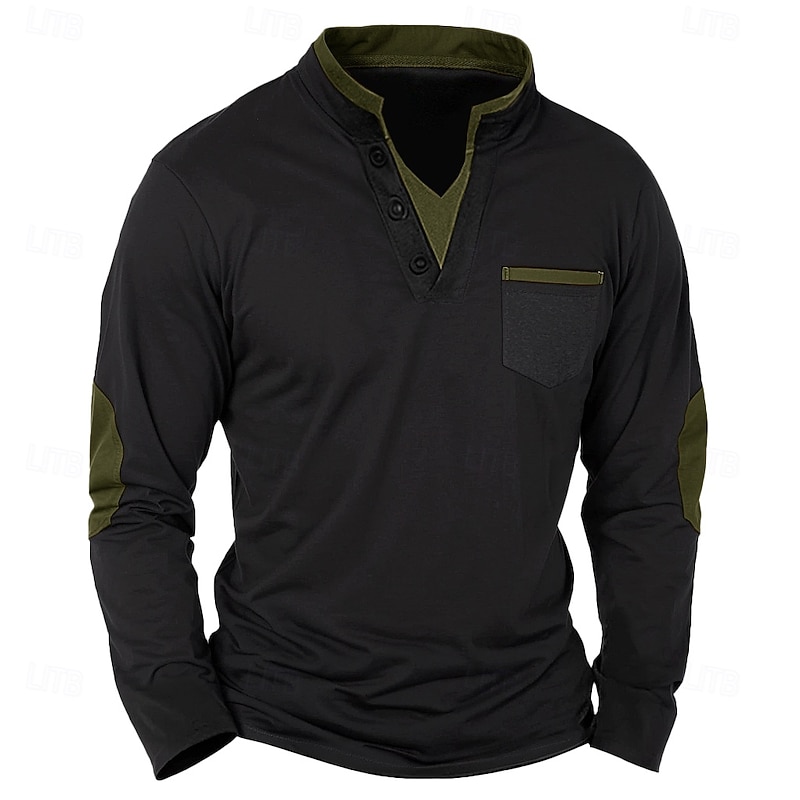 Men's V Neck Tee Tee Top Long Sleeve Shirt Long Sleeve Patchwork Daily Casual Street Style Fashion Fake two piece V Neck Outdoor Street Causal Summer Spring Black White Navy Blue Henley T-Shirt