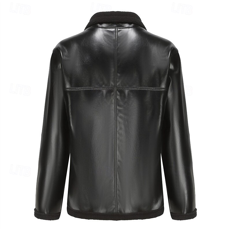 Men's Faux Leather Jacket Biker Jacket Motorcycle Jacket Vacation Daily Windproof Warm Fur Trim Pocket Fall & Winter Plain Fashion Classic Lapel Regular Black Brown Jacket3