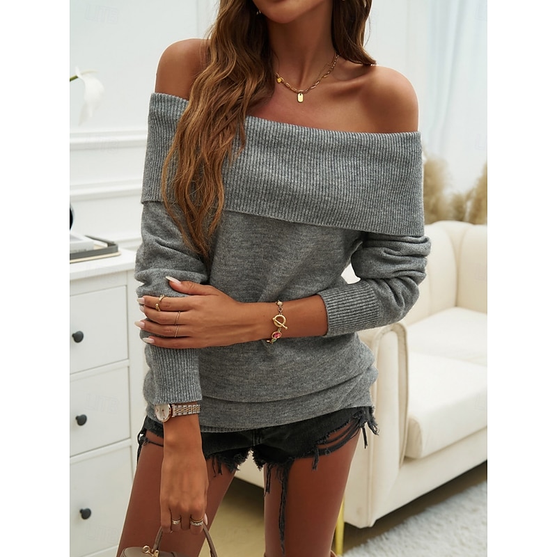 Women's Sweater Casual Soft Pure Color Ribbed Off Shoulder Knitted Long Sleeve Regular Tops Knit Outdoor Daily Weekend Camel Beige Fall Winter
