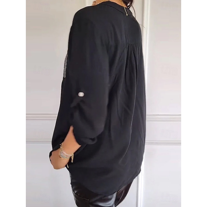 Women's Shirt Elegant Dressy Satin Solid Color Basic Casual Long Sleeve V Neck Regular Tops Daily Sequins Patchwork Pocket Black Pink Green Fall4