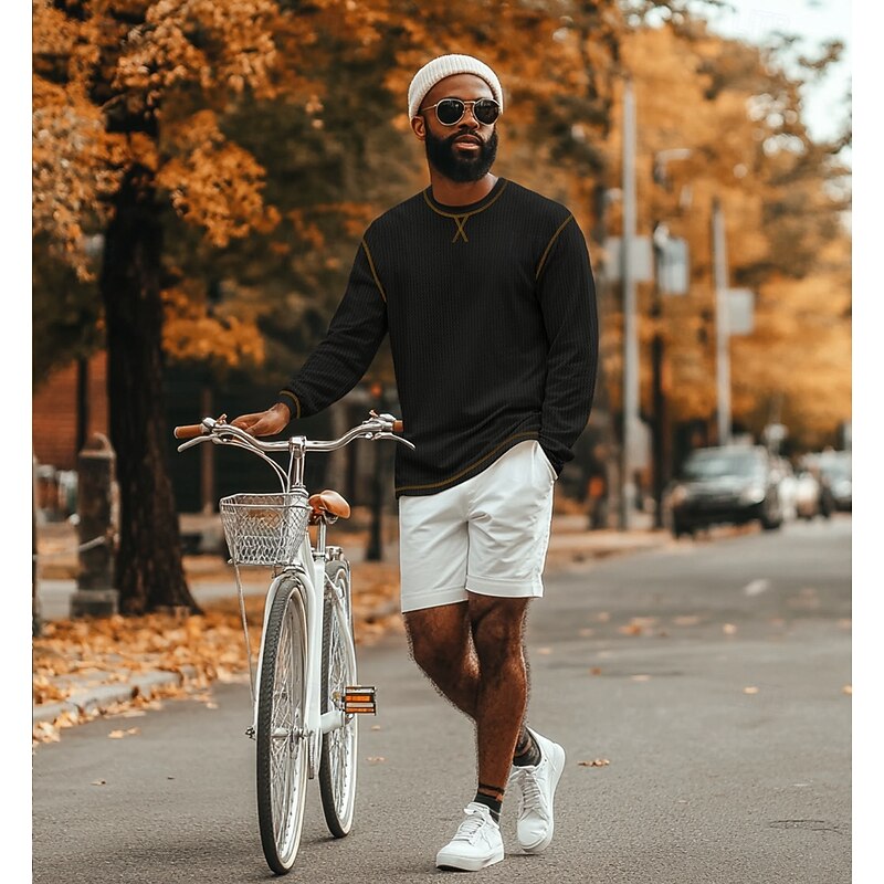 Men's Waffle Tee T Shirt Waffle Knit Tee Long Sleeve Crew Neck Summer Spring Fall Solid Color Knitwear Fashion Daily Color Block Formal Outdoor Home Black Green White Top Tee for Men4