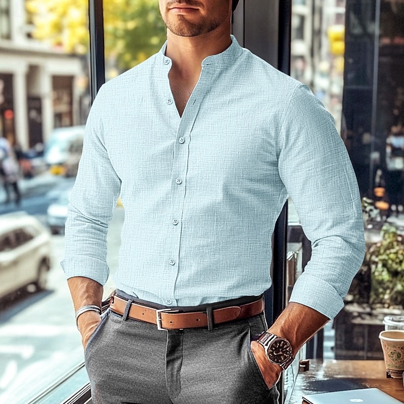 Men's Shirt Band Collar Shirt Summer Shirt Dress Shirt Button Up Shirt Solid Color Work Wear to work Black White Pink Blue Long Sleeve Collar Clothing Apparel