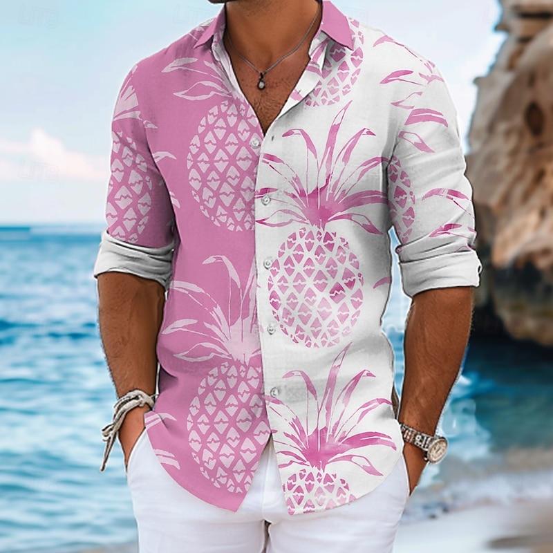 Men's Fruit Summer Hawaiian Shirt Aloha Shirt Long Sleeve Hawaiian Beach Vacation Summer Spring Turndown Button Up Black Yellow Pink Blue Gray4