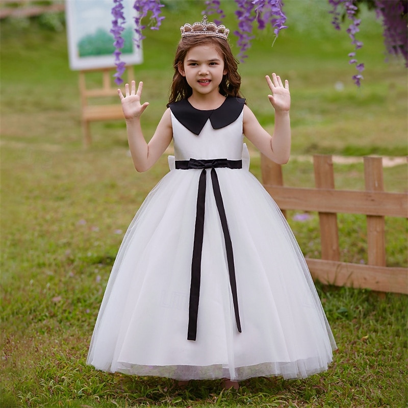 Kids Girls' Party Dress Color Block Sleeveless Performance Wedding Party Tie Knot Beautiful Sweet Polyester Maxi Party Dress Swing Dress A Line Dress Summer 4-12 Years White Champagne Pink