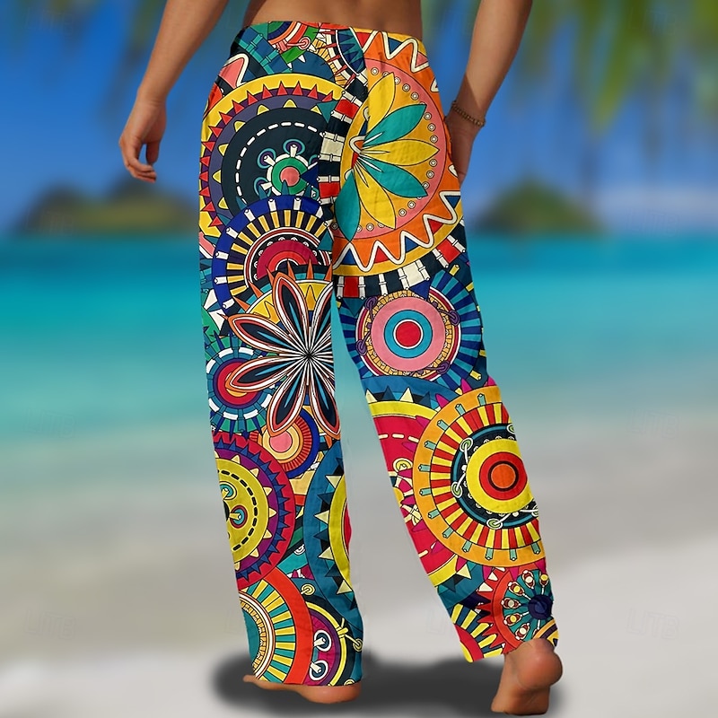 Men's Floral Geometric Pattern Trousers Casual Pants Mid Waist Drawstring Elastic Waist Hawaiian Outdoor Vacation Holiday Straight Leg Trousers Summer Spring Fall 3D Print Yellow Red Green4