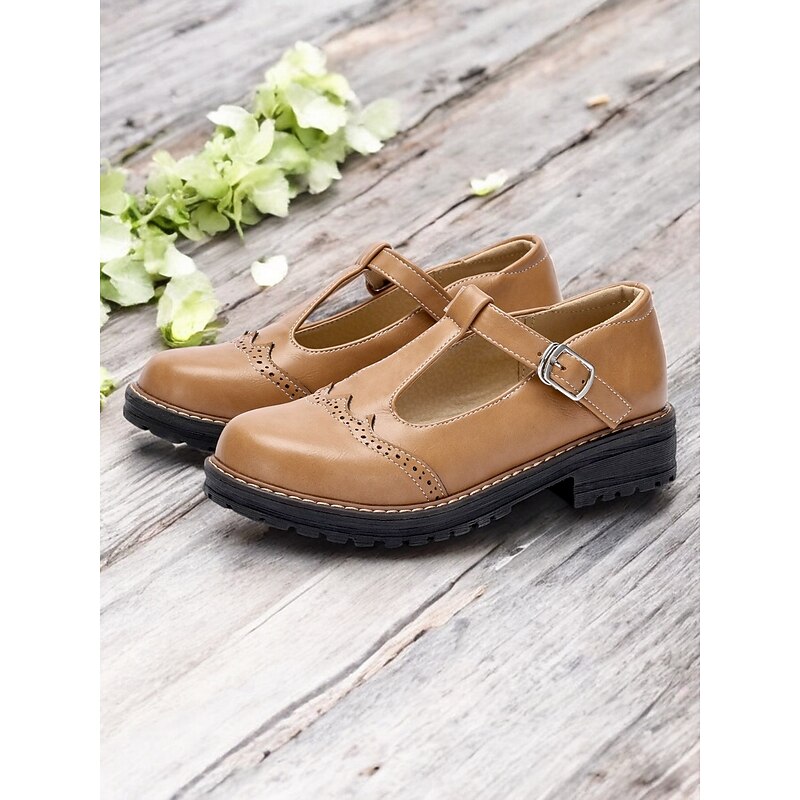 Women's Tan Faux Leather T-Strap Mary Jane Shoes with Brogue Detailing, Rugged Sole for Comfortable Daily Wear and Vintage Style Outfits2
