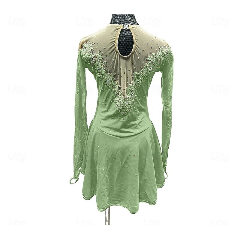 Figure Skating Dress Women's Girls' Ice Skating Dress Red Purple Green Patchwork Thumbhole Mesh Spandex Stretchy Training Practice Professional Skating Wear Crystal / Rhinestone Long Sleeve Figure4