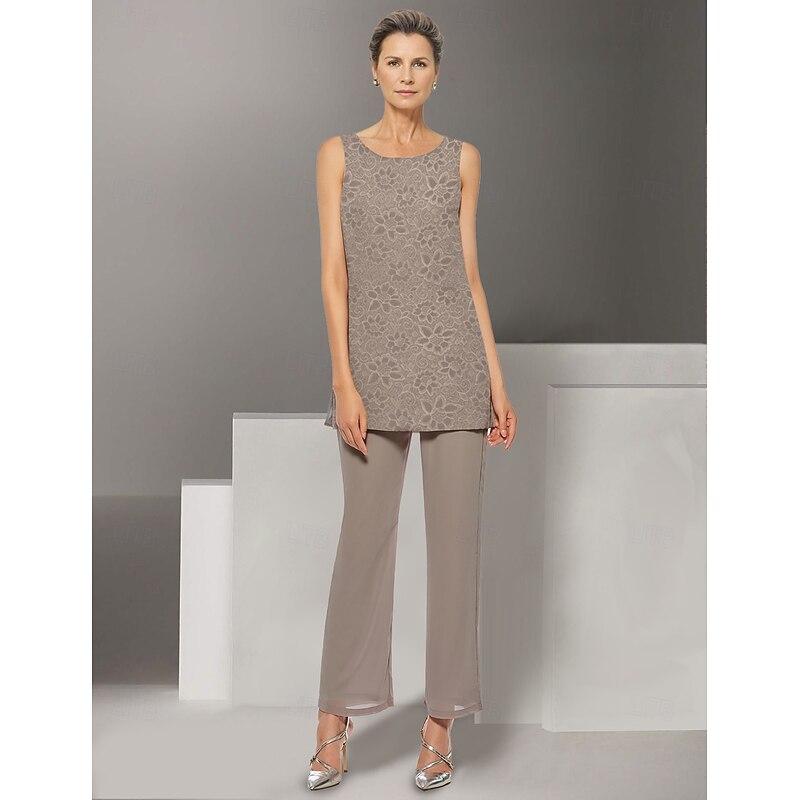 Pantsuit 3 Piece Mother of the Bride Dress Beach Wedding Elegant Jewel Neck Floor Length Chiffon Long Sleeve Wrap Included with Lace Solid Color3