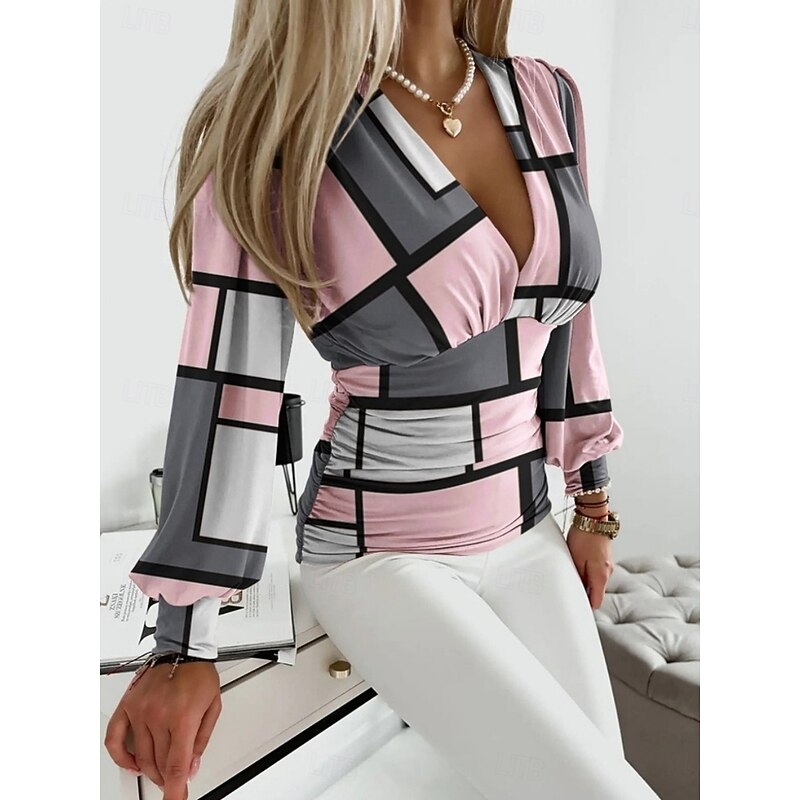 Women's Shirt Blouse Plaid Striped Marble Casual Long Sleeve V Neck Regular Tops Daily Print Pink Blue Gray Spring &  Fall2