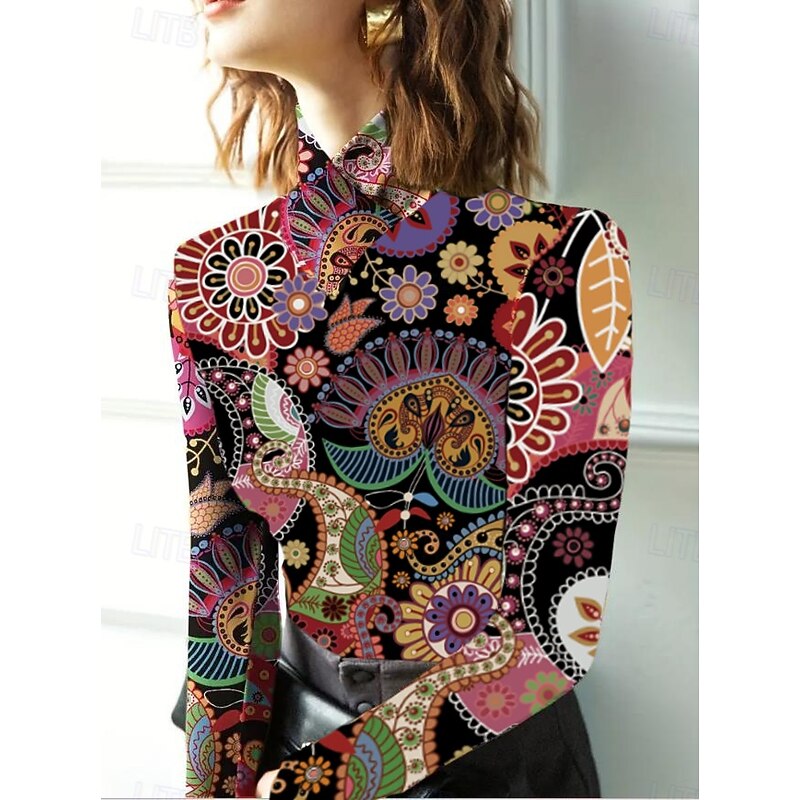 Women's Tunic T Shirt Elegant Bohemia Vintage Long Sleeve Regular Tops Turtleneck Vacation Going out Red Fall Winter Prefall