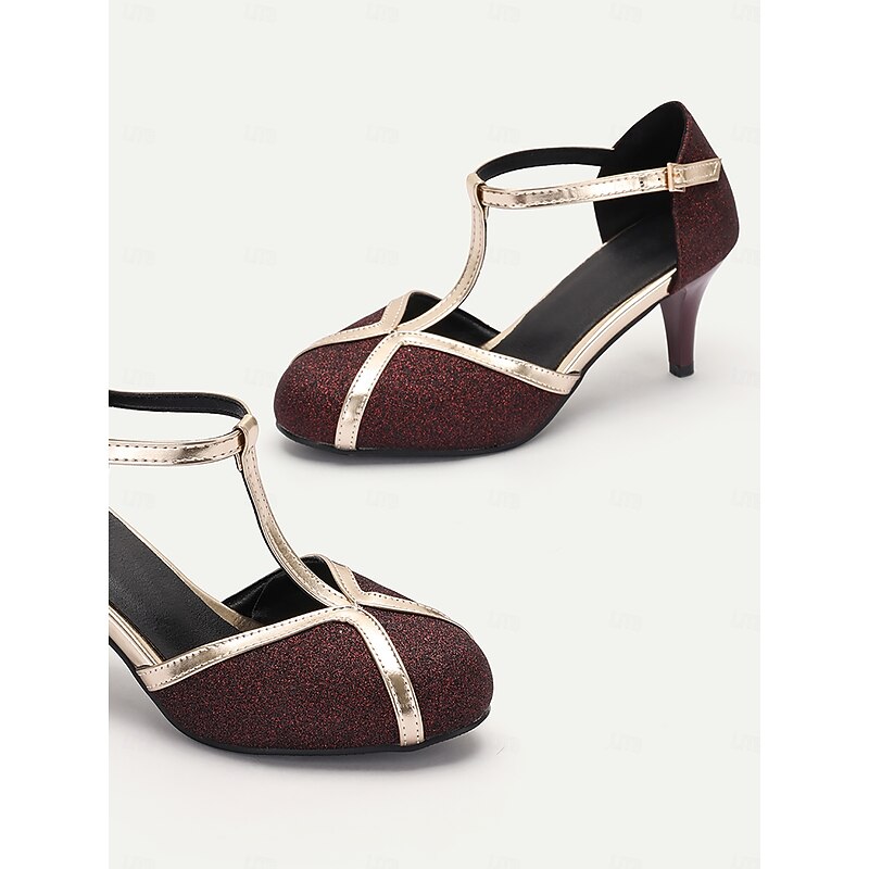 Women's 1920s Glitter T-Strap Heels with Metallic Gold Trim, Vintage Gatsby Style Closed-Toe Pumps for Evening Parties, Weddings, and Formal Events