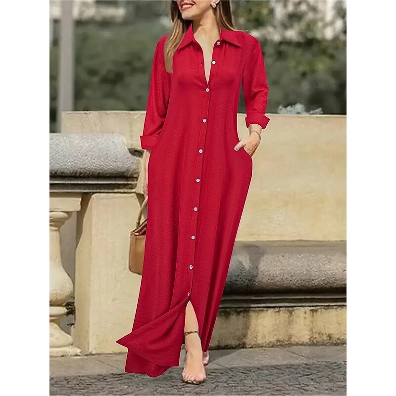 Women's Elegant Dress Maxi Dress Buttons Elegant V Neck Long Sleeve Black White Red Color4
