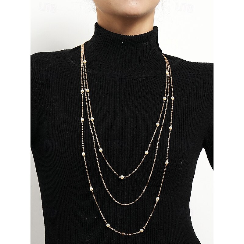 Layered Gold Necklace with Faux Pearl Accents – Elegant Long Chain Jewelry for Women, Perfect for Parties, Weddings, and Formal Events