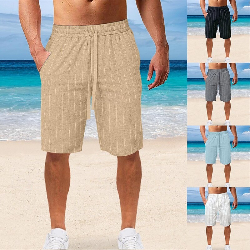 Men's Shorts Linen Shorts Summer Shorts Beach Shorts Pocket Drawstring Elastic Waist Stripe Comfort Breathable Knee Length Outdoor Holiday Beach Vacation Casual Black White