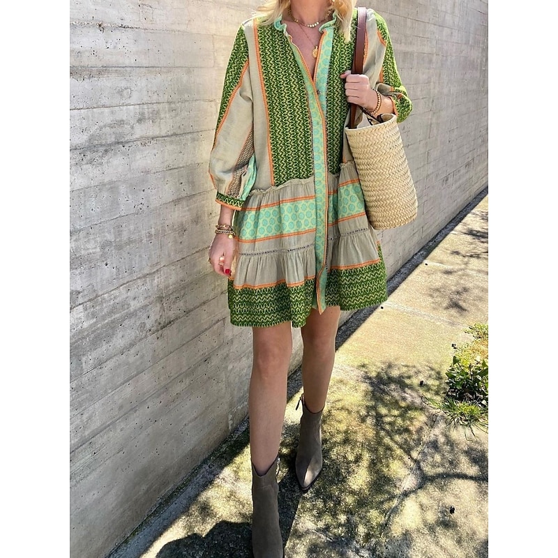 Women's Mini Dress Petite Dress Casual Dress Swing Dress Boho Dress Casual Daily Regular Fit Geometric Long Sleeve Turtleneck Green Summer Spring Fall2