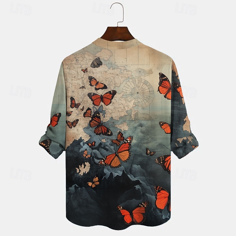 Men's Butterfly Casual Shirt Button Up Shirt Long Sleeve Fashion Casual Causal Casual Spring Fall V Neck Buttons Dark Blue2