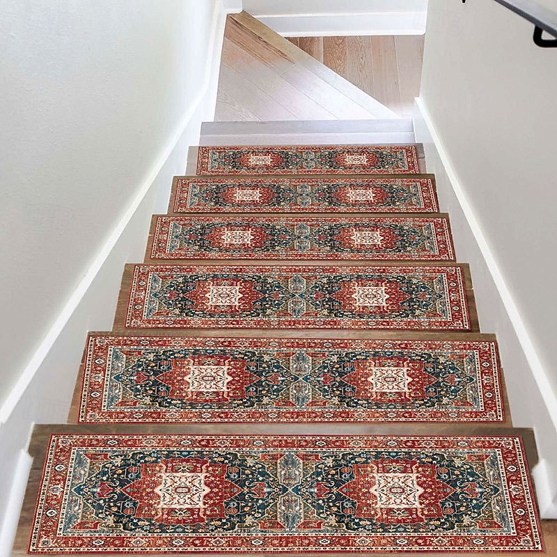 Step Tread Carpet Boho Style Non-Slip Carpet Stair Treads for Kids Elders and Pets Ethnic Design Stair Tread Mats W20*L76cm2