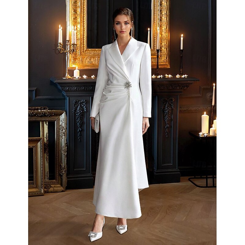 Tuxedo Dress A-Line Formal Wedding Guest Satin Elegant Long Sleeve Floor Length Peak Lapel
