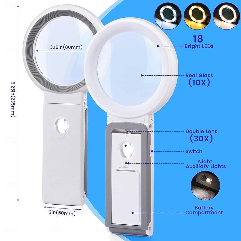 30X 10X Magnifying Glass with Light and Stand Foldable Handheld Magnifying Glass 18 LED Illuminated Lighted Magnifier for Macular Degeneration Seniors Reading Close Work4
