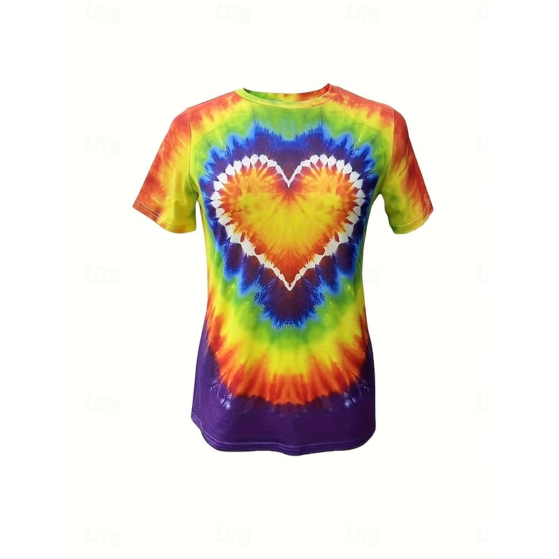 Valentine Women's Heart T Shirt Cute Tie Dye Regular Tops Short Sleeve Round Neck Print Regular Fit Daily Rainbow Summer2