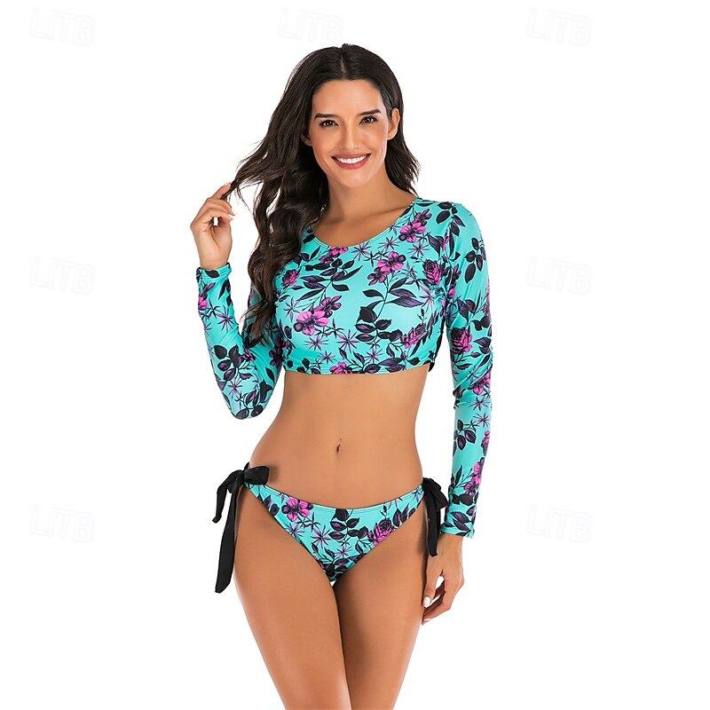 Women's Rash guard Swimsuit UV Sun Protection UPF50+ Breathable Long Sleeve Spandex Swimwear Swimsuit 2 Piece Open Back Swimming Surfing Beach Water Sports Floral Summer Spring Autumn2