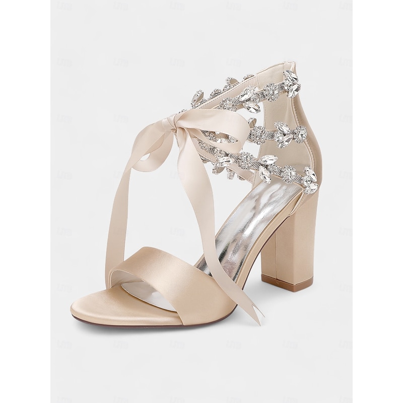 Beige Satin Crystal Embellished Open-Toe Block Heel Sandals - Women's Shoes for Wedding and Cocktail4