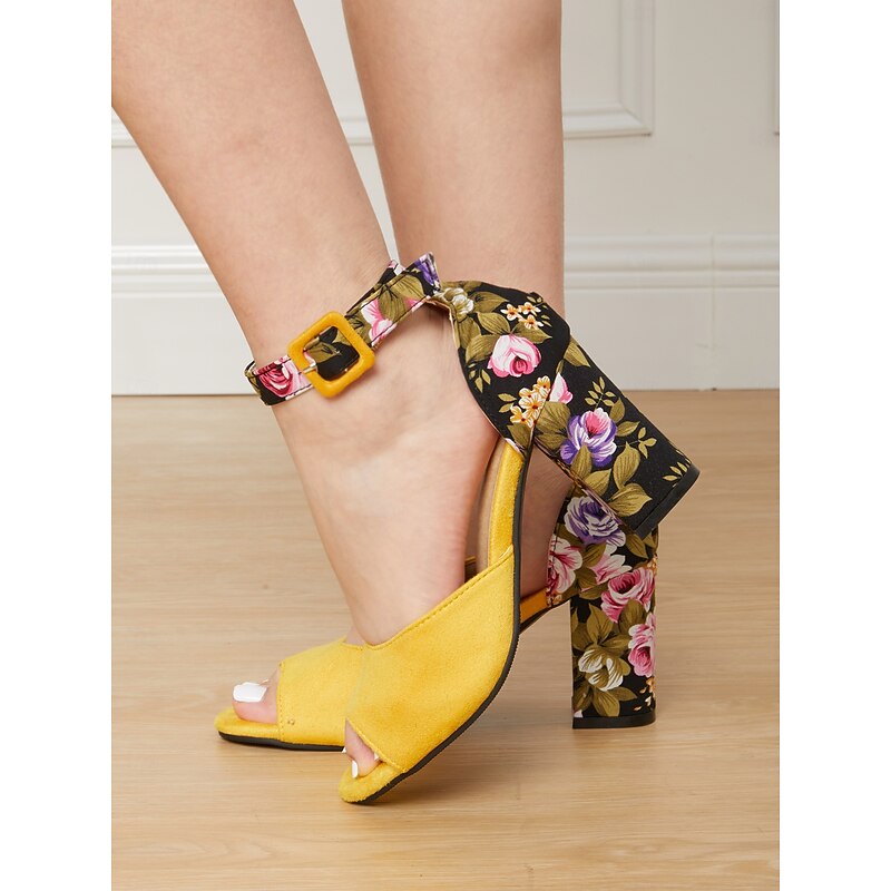 Women's Yellow Suede Block Heel Sandals with Floral Pattern Ankle Strap, Open-Toe Elegant Shoes for Summer Parties and Casual Wear2