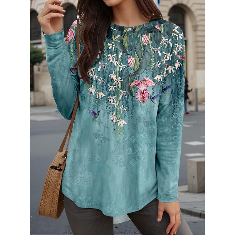 Women's T Shirt Floral Casual Long Sleeve Crew Neck Long Tops Daily Print Blue Fall Winter