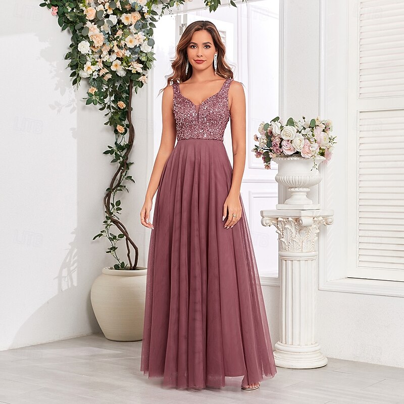 A-Line Wedding Guest Dresses Elegant Dress Wedding Guest Birthday Floor Length Sleeveless V Neck Pink Dress Tulle V Back with Sequin3