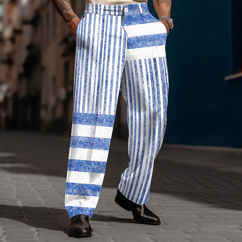 Men's Striped Geometric Pattern Trousers Dress Pants Mid Waist Casual Vintage Retro Holiday Streetwear Dads Day Gifts Flat-Front Straight Leg Trousers Summer Spring Fall 3D Print Blue 1 Black Blue3