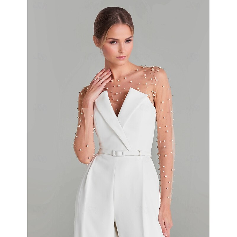 Jumpsuits Evening Gown Elegant Dress Formal Wedding Floor Length Long Sleeve Illusion Neck Pocket Stretch Crepe with Pearls Pocket4