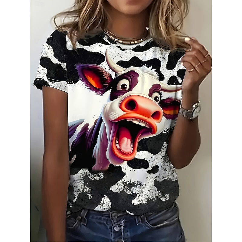 Women's T Shirt Cow Casual Short Sleeve Round Neck Regular Tops Daily Print White Summer3