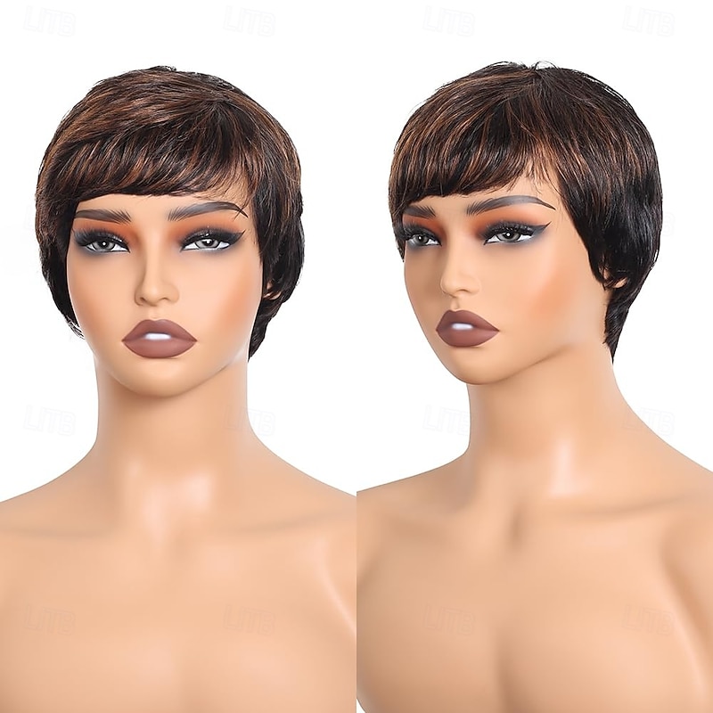 Human Hair Wig Short Natural Wave Pixie Cut Blonde Burgundy Natural Black Adjustable Natural Hairline For Black Women Machine Made Capless Brazilian Hair All Natural Black #1B Medium Auburn#30 Dark2