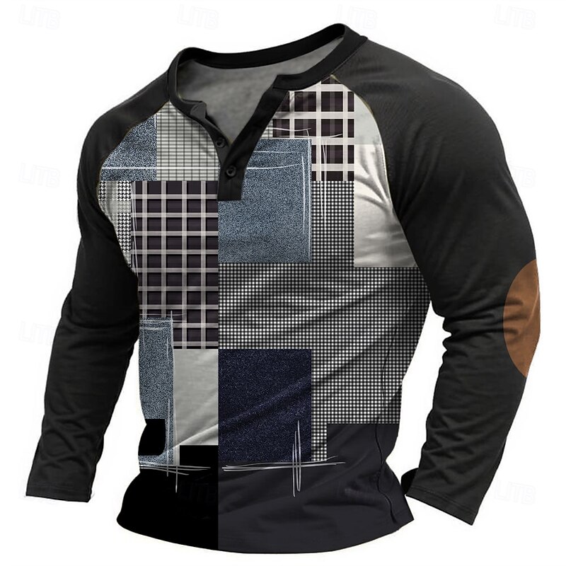 Men's Graphic Patchwork T Shirt Henley Shirt Tee Long Sleeve Designer Basic Classic Outdoor Daily Sports Spring &  Fall Black Light Gray Dark Gray Henley Henley T-Shirt - Main Image
